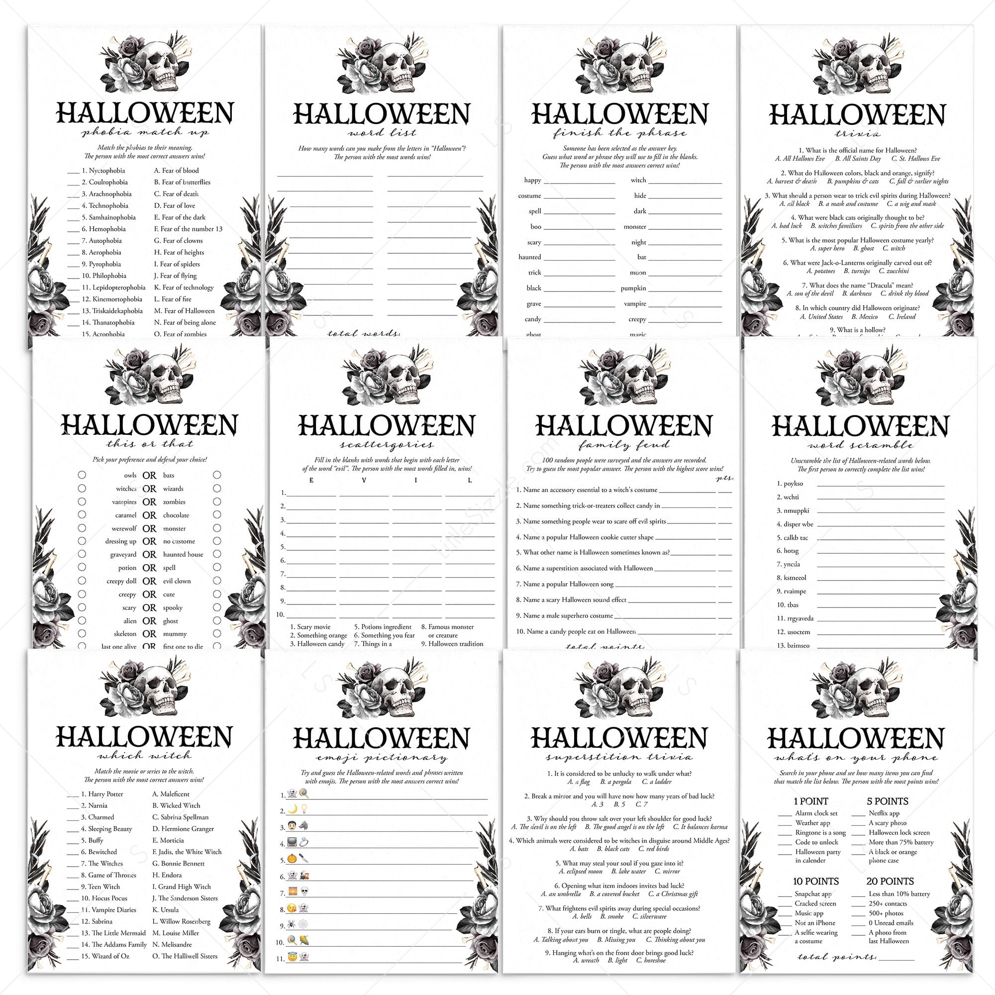 Gothic Black Halloween Party Games with Floral Skull Printable by LittleSizzle