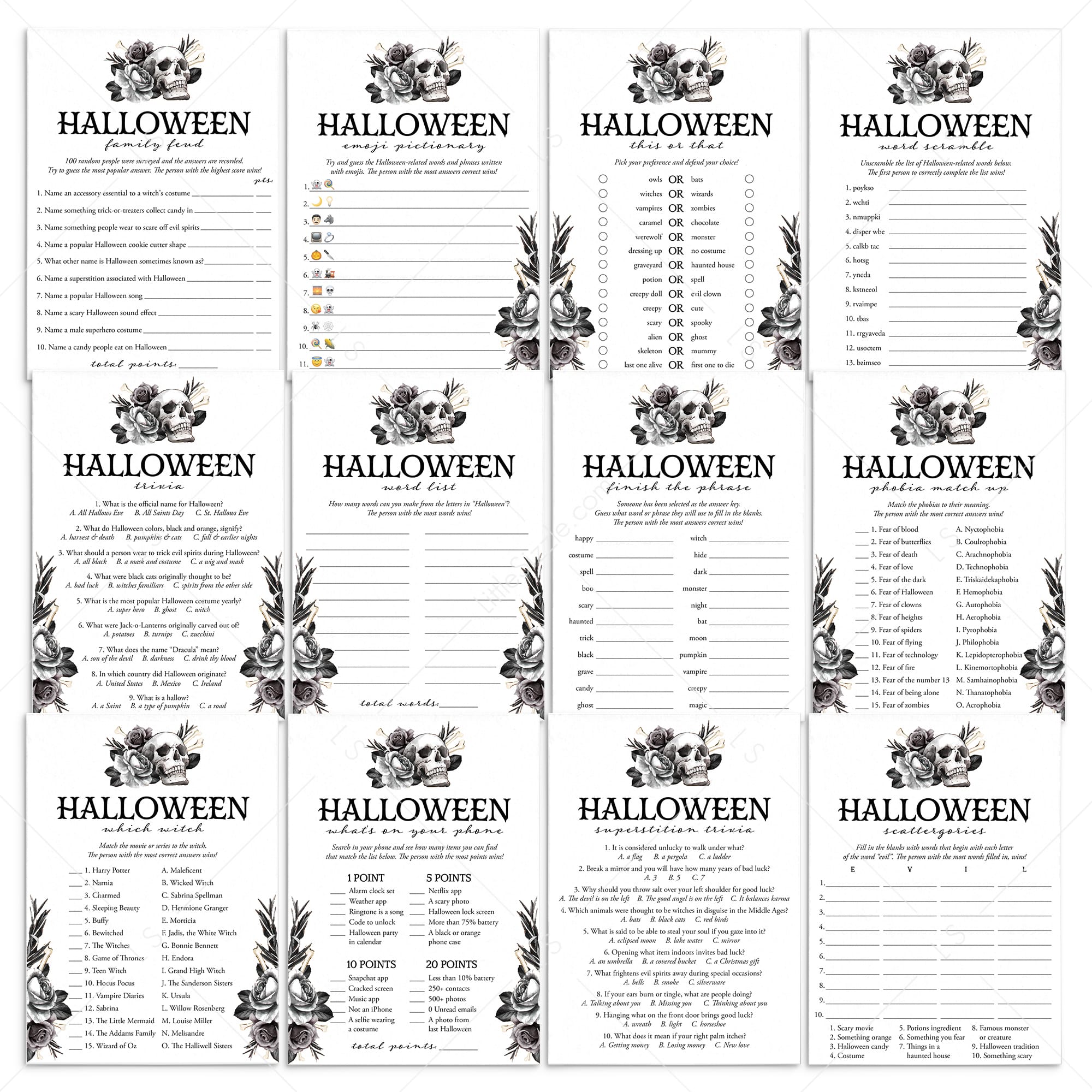 Gothic Black Halloween Party Games with Floral Skull Printable by LittleSizzle