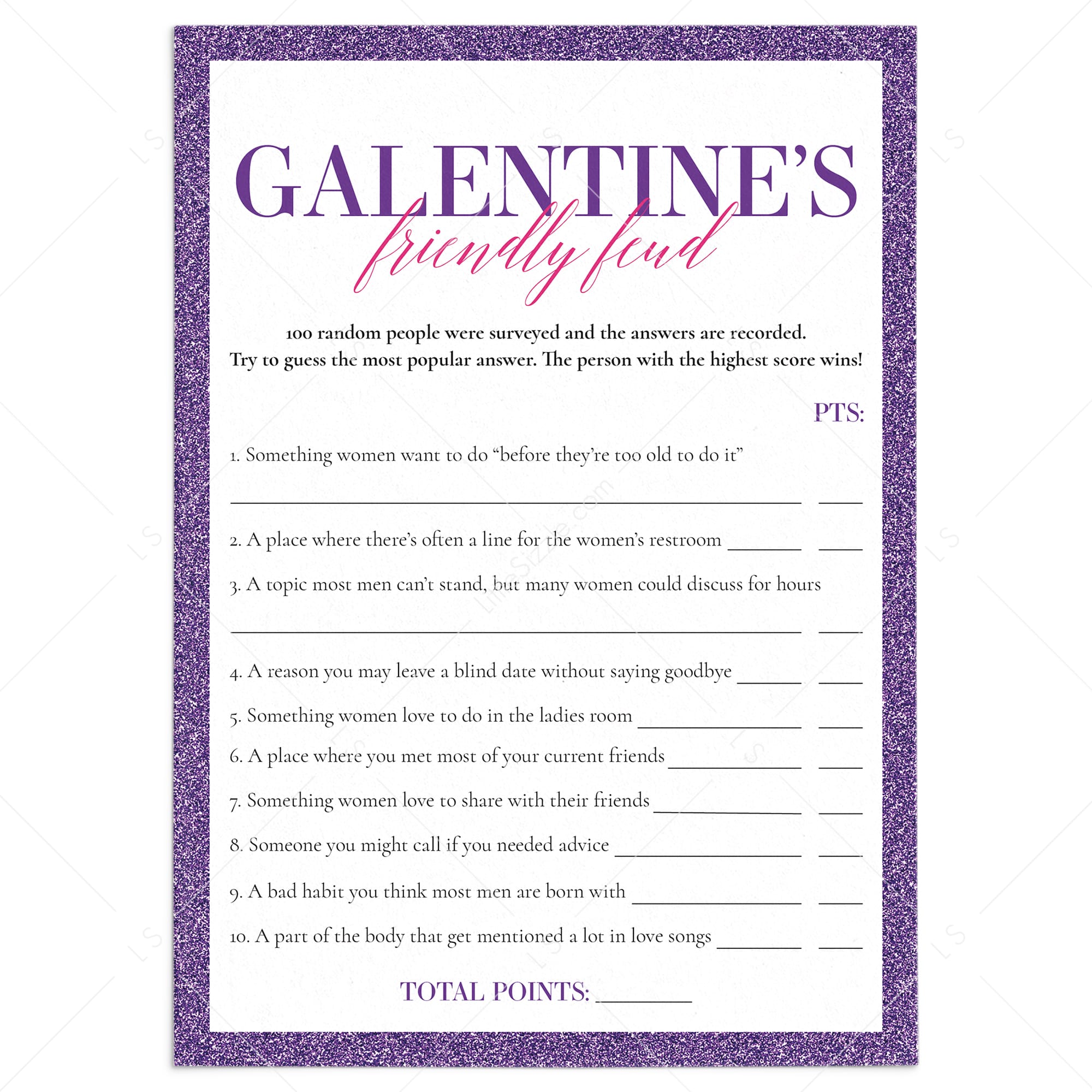 Galentines Friendly Feud Quiz with Answers Printable by LittleSizzle