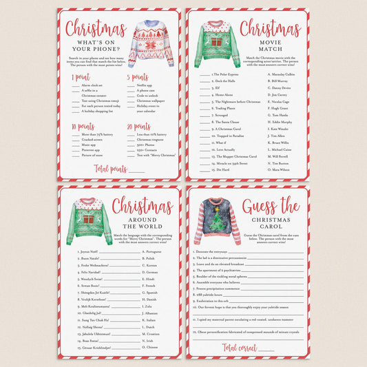 Four Christmas-themed party game cards arranged in a 2x2 grid on a light beige background. The cards feature red and white borders, festive holiday fonts, and illustrations of sweaters.