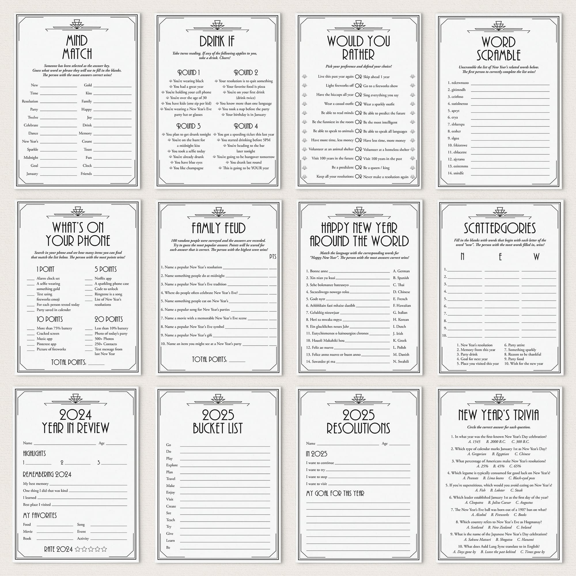 Gatsby New Year's Eve Party Games and Activities Bundle Printable by LittleSizzle