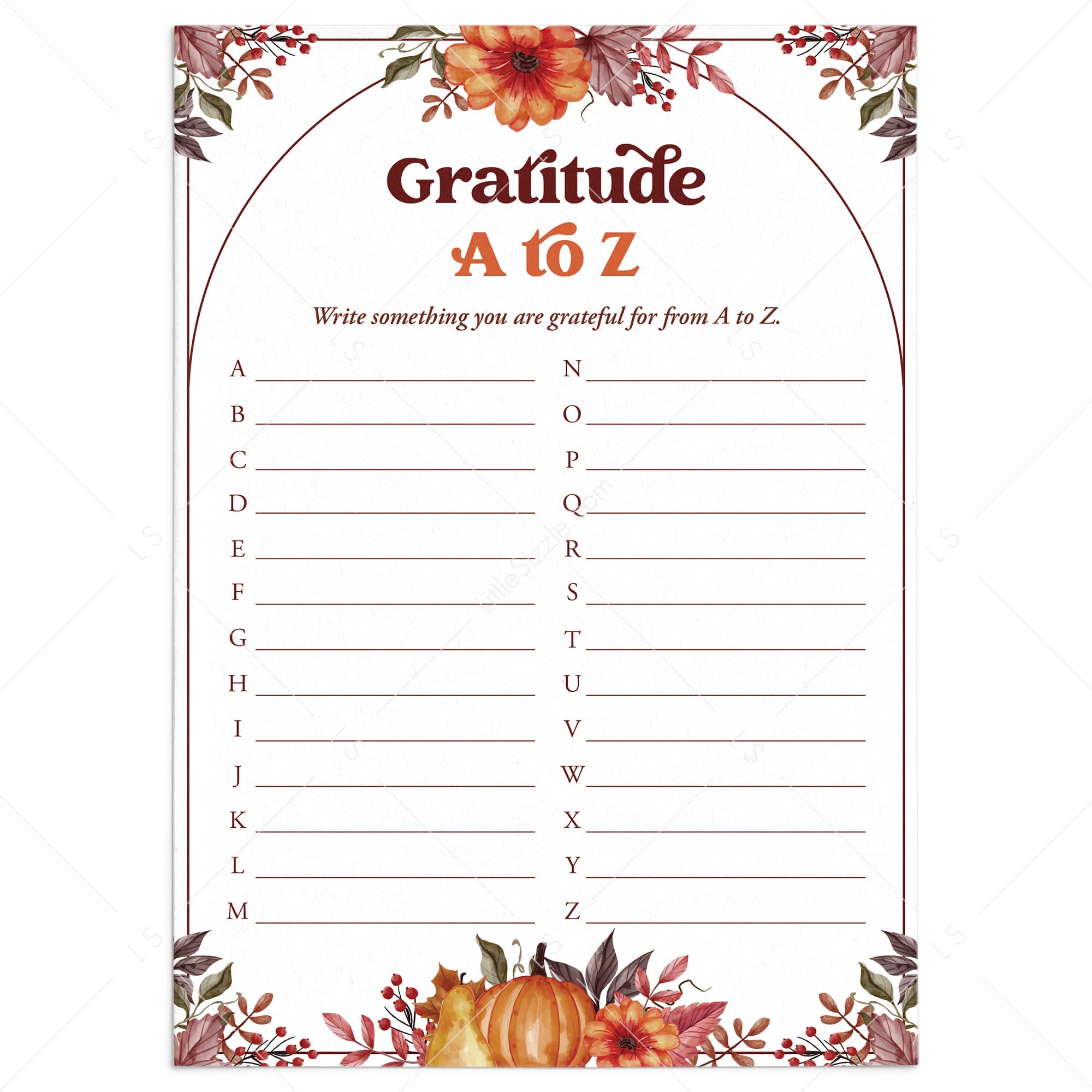 Thanksgiving Gratitude A to Z List Printable by LittleSizzle