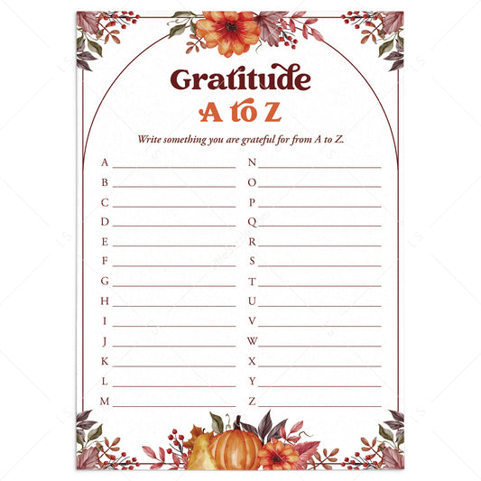 Thanksgiving Gratitude A to Z List Printable by LittleSizzle