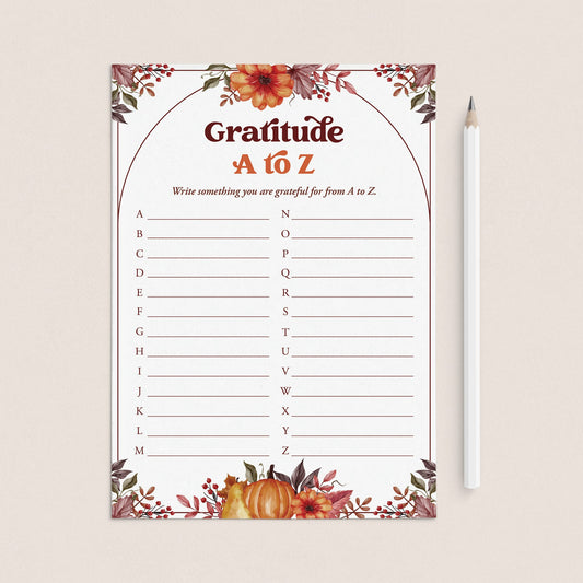 Thanksgiving Gratitude A to Z List Printable by LittleSizzle
