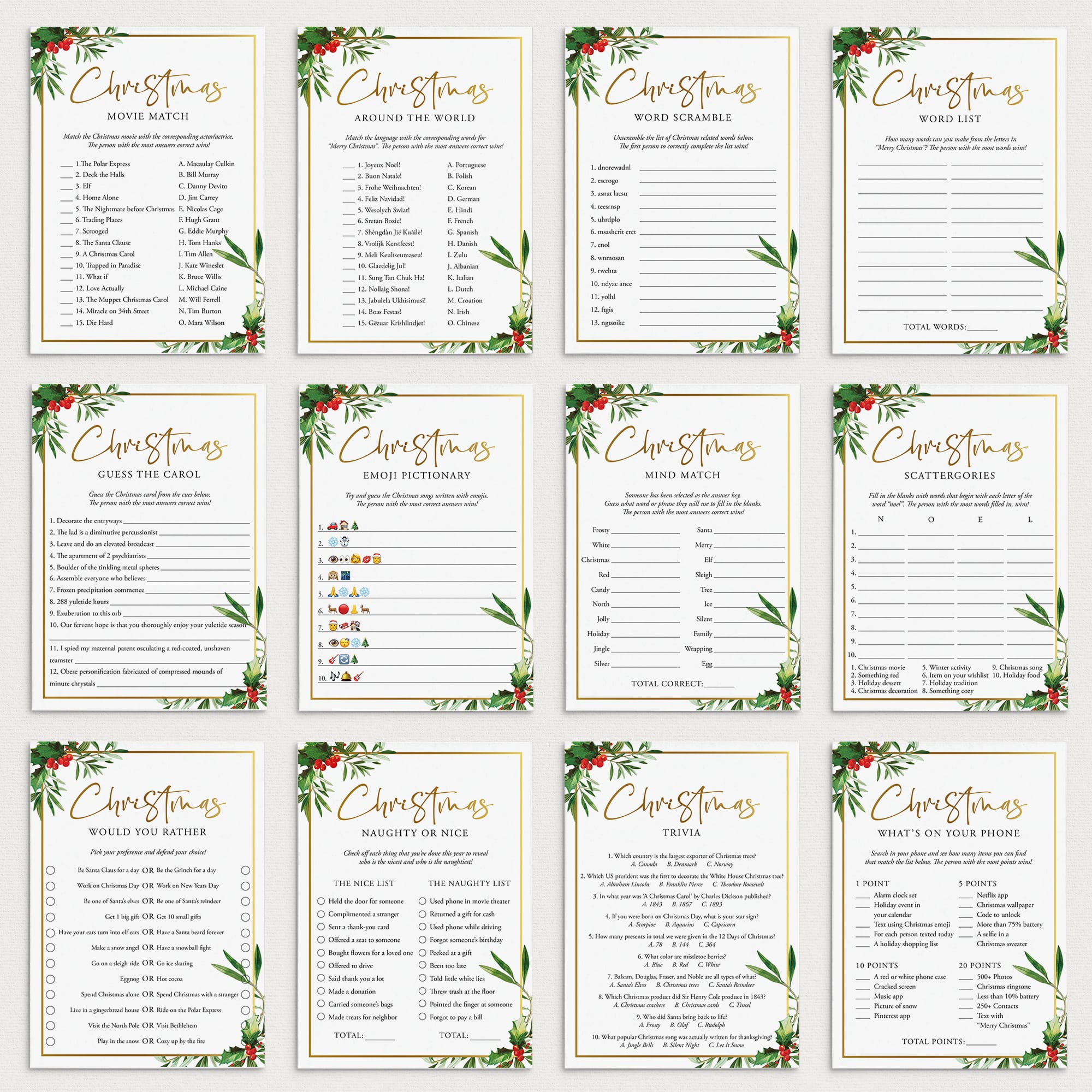 Gold and Greenery Christmas Games Bundle Printable by LittleSizzle