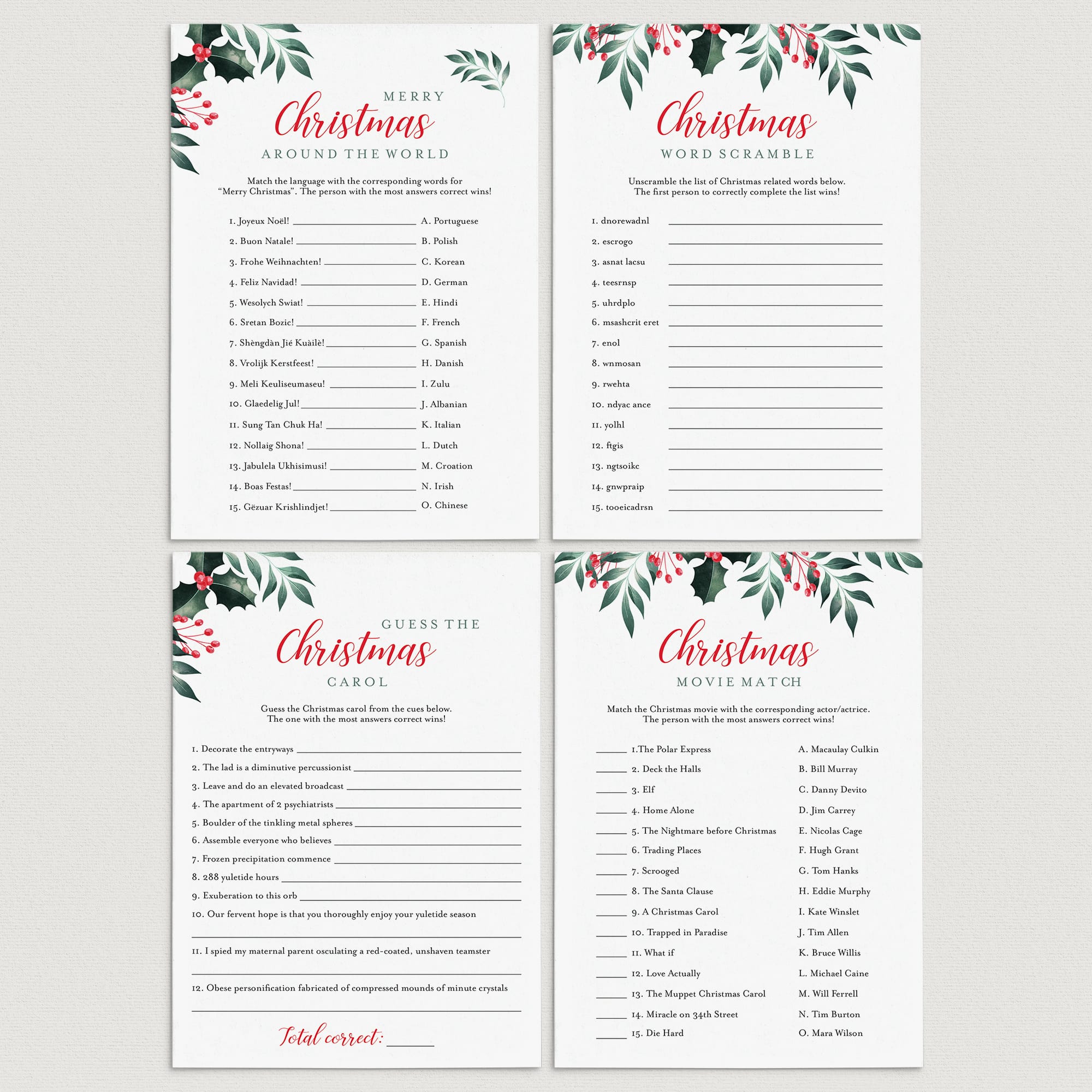Greenery Christmas Games Pack Instant Download by LittleSizzle