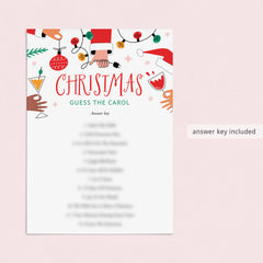 Adult Christmas Game Printable Guess The Carol with Answer Key
