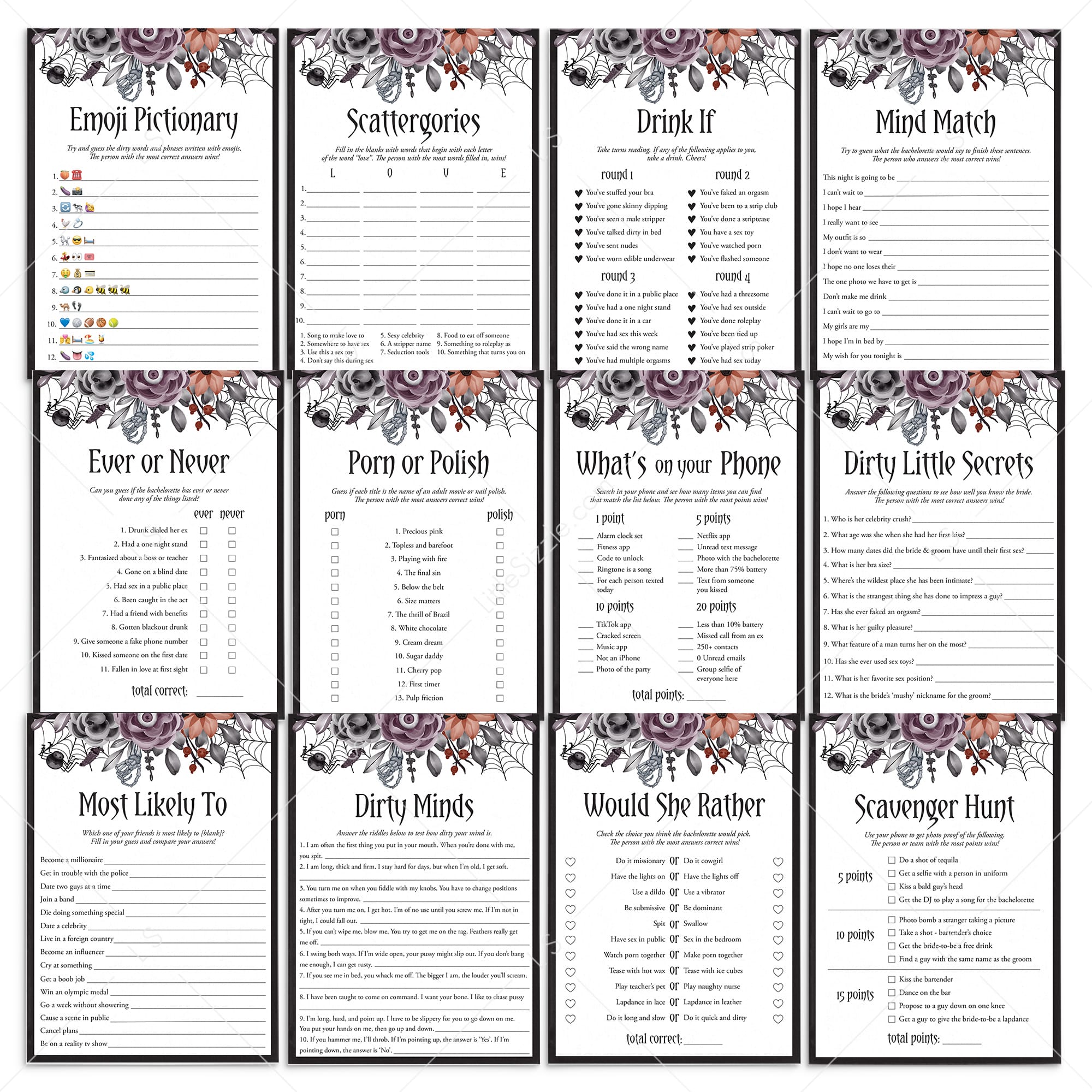 Halloween Bachelorette Party Games Bundle Black Purple Floral by LittleSizzle