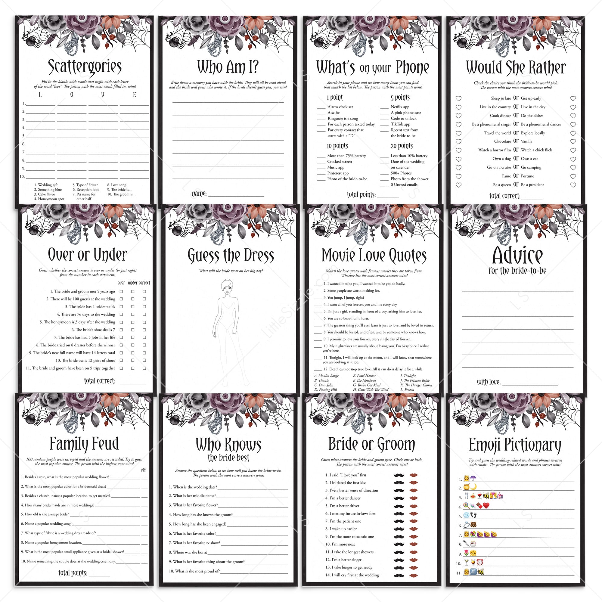 Halloween Bridal Shower Games Bundle Black Purple Floral by LittleSizzle