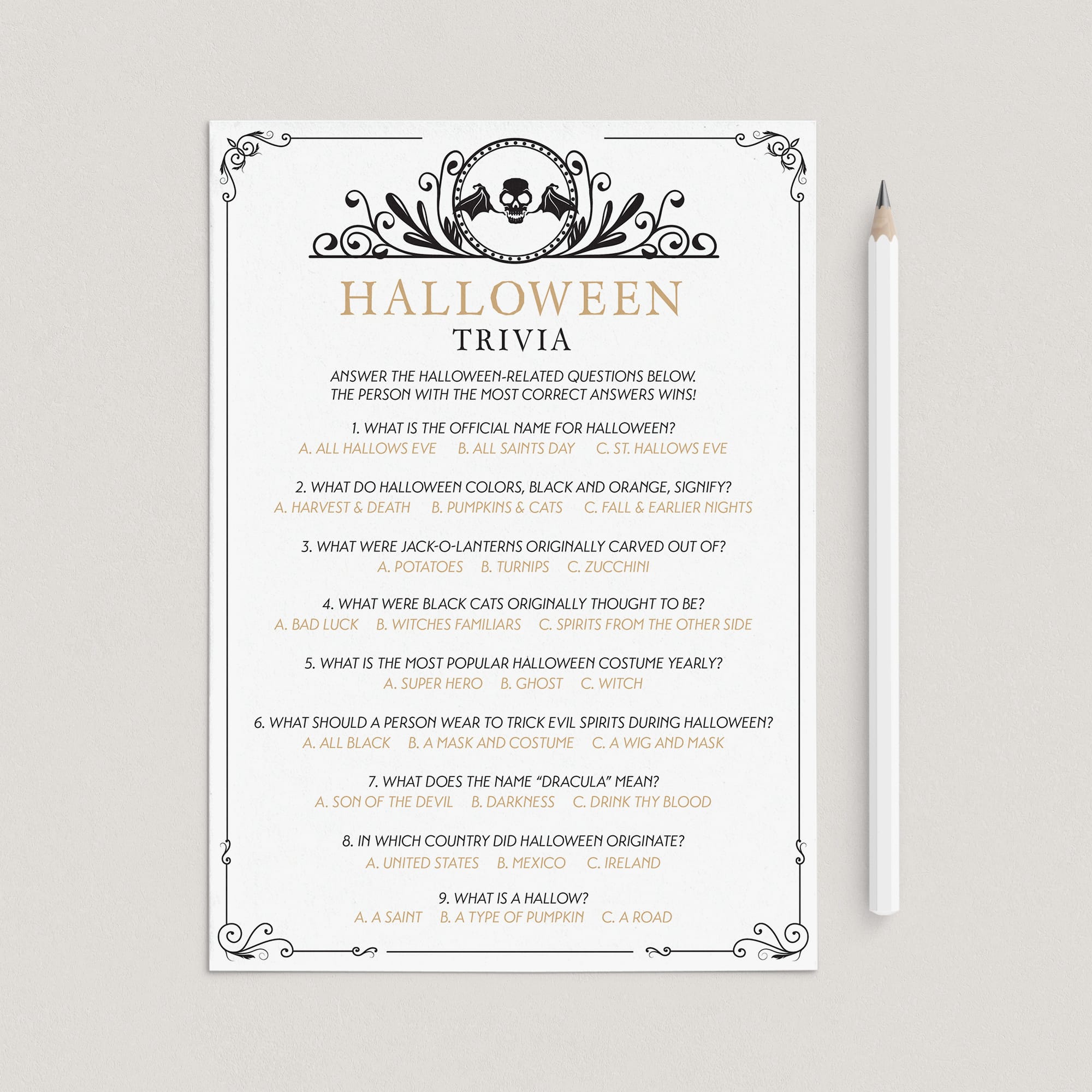 Black and Gold Halloween Trivia Printable by LittleSizzle