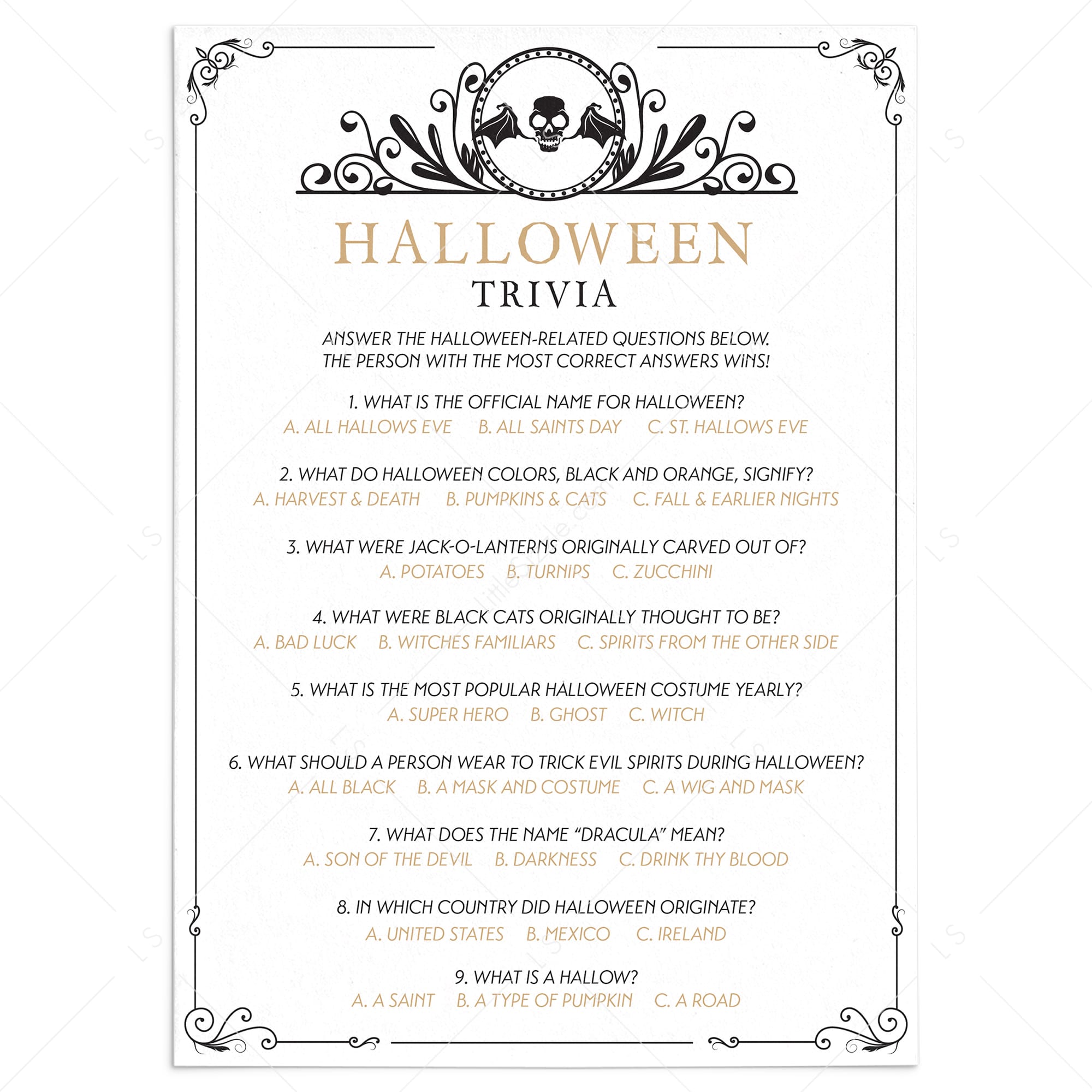 Black and Gold Halloween Trivia Printable by LittleSizzle