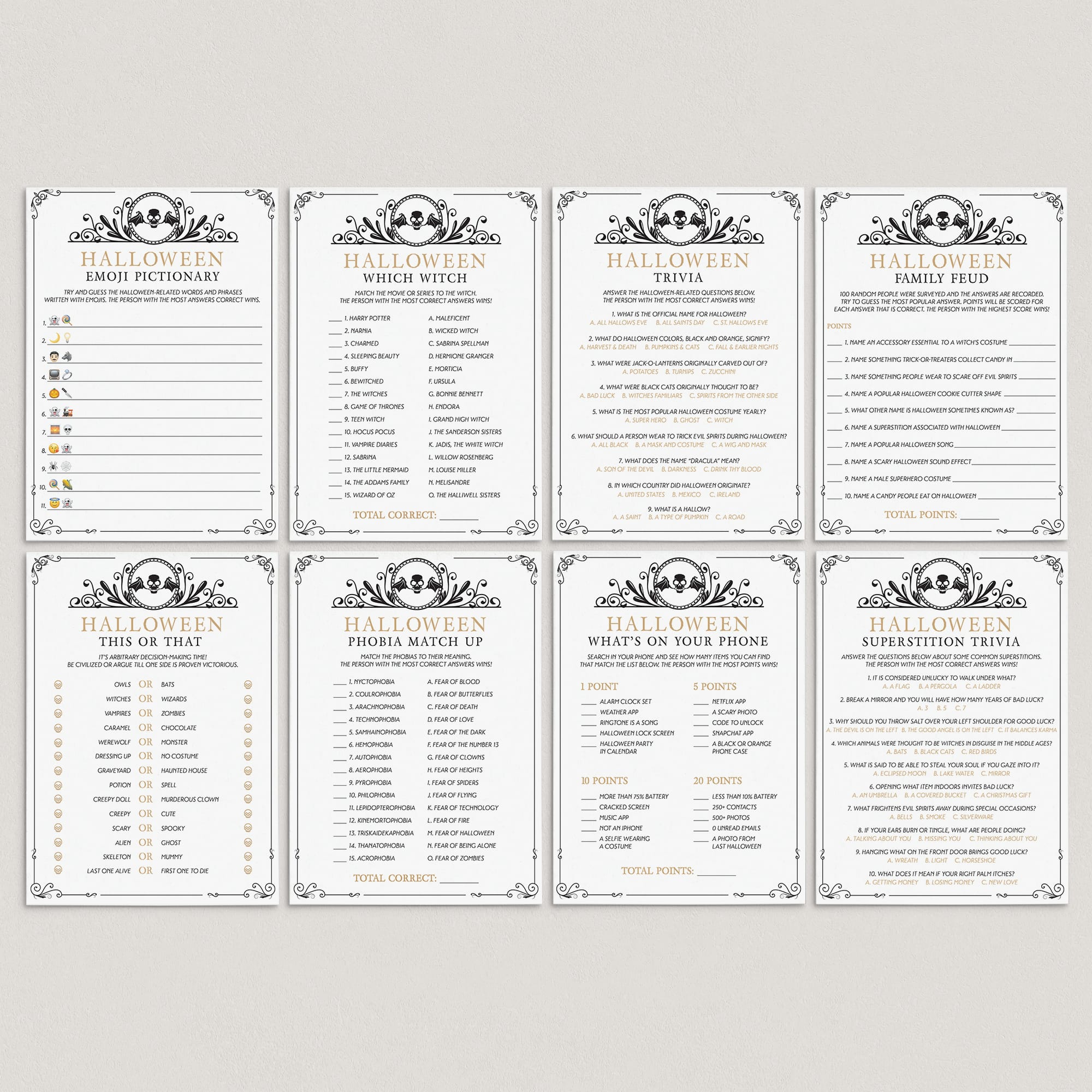 Popular Halloween Party Games Bundle Printable Black & Gold Skull by LittleSizzle