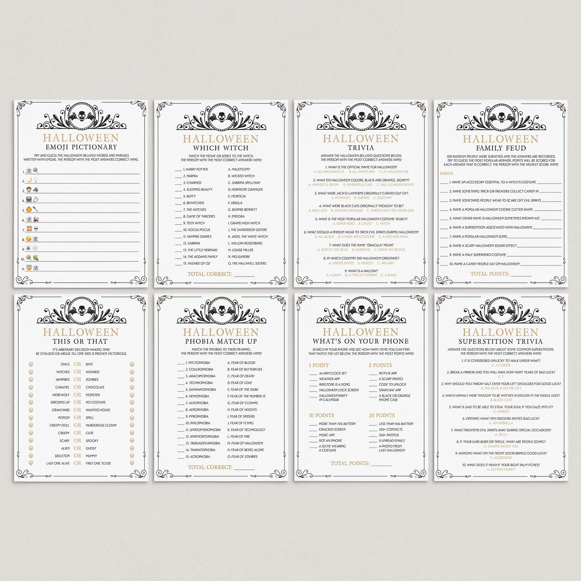 Popular Halloween Party Games Bundle Printable Black & Gold Skull by LittleSizzle
