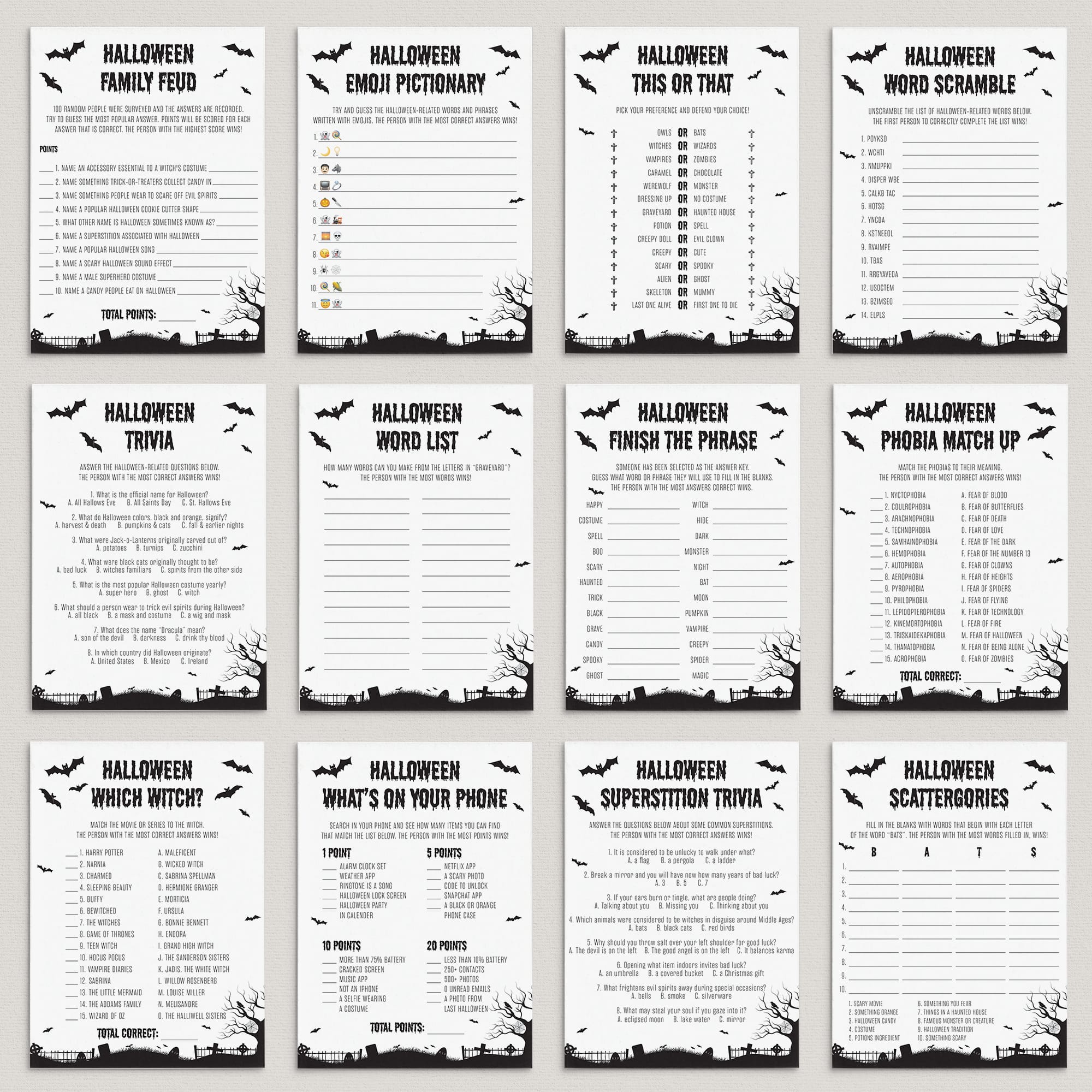 12 Black and White Halloween Party Games Printable by LittleSizzle