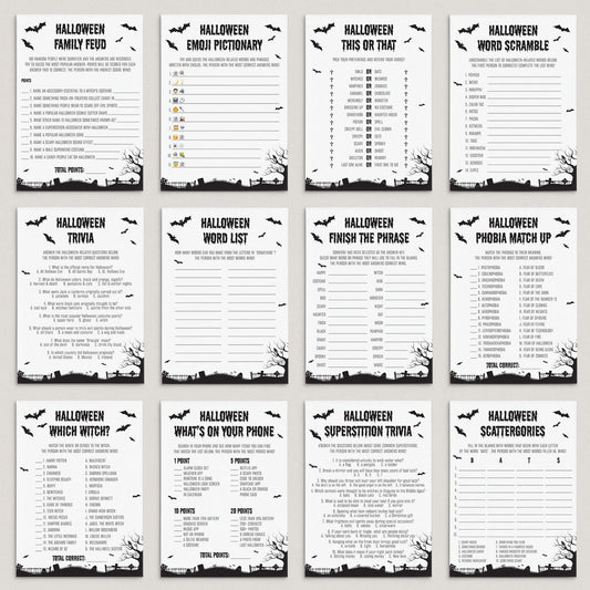 12 Black and White Halloween Party Games Printable by LittleSizzle