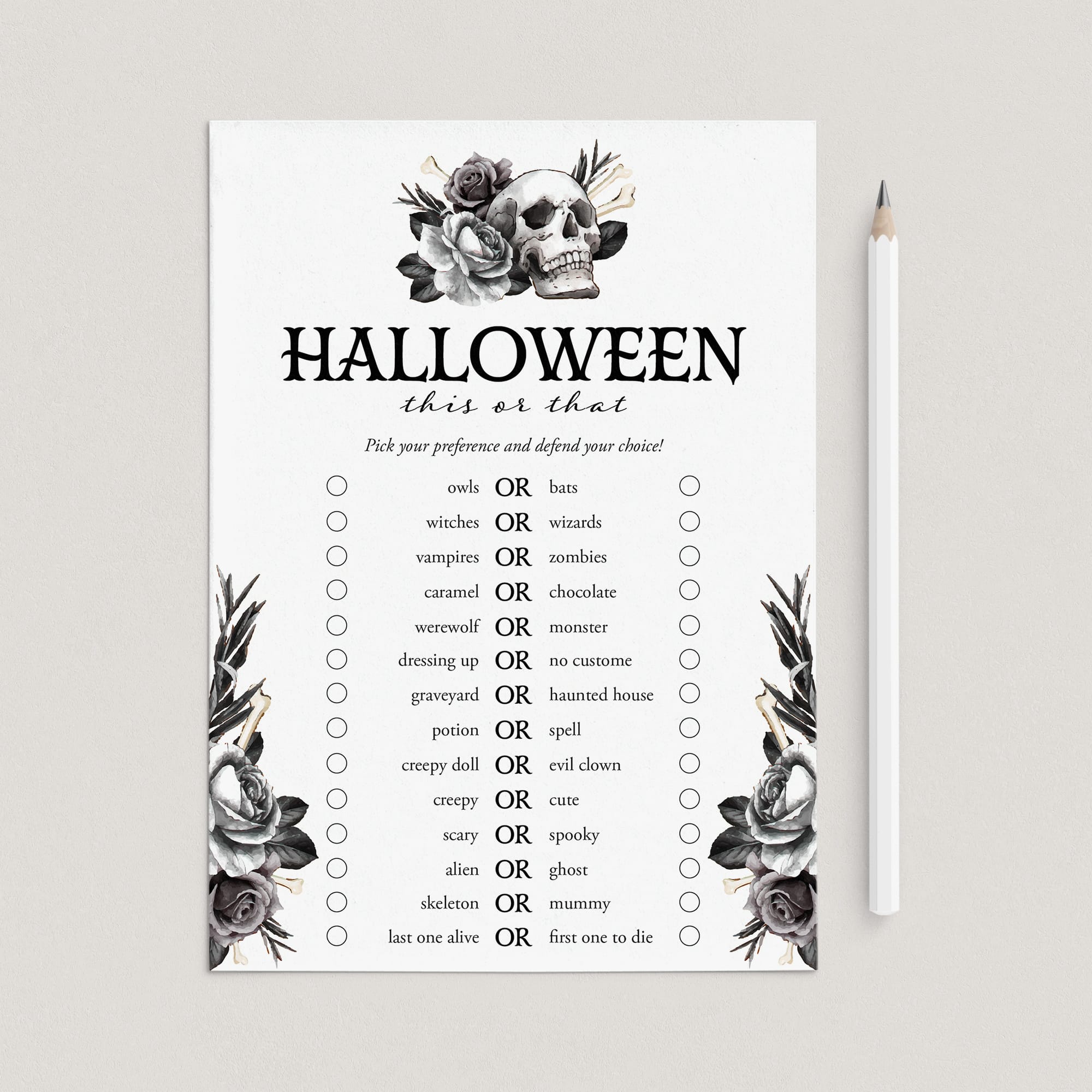 Black Floral Halloween Game This or That Printable by LittleSizzle