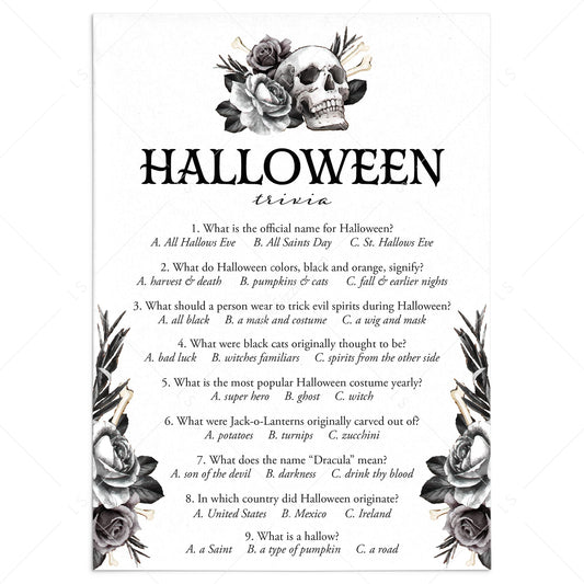 Printable Halloween Trivia Quiz with Answers Floral Skull by LittleSizzle