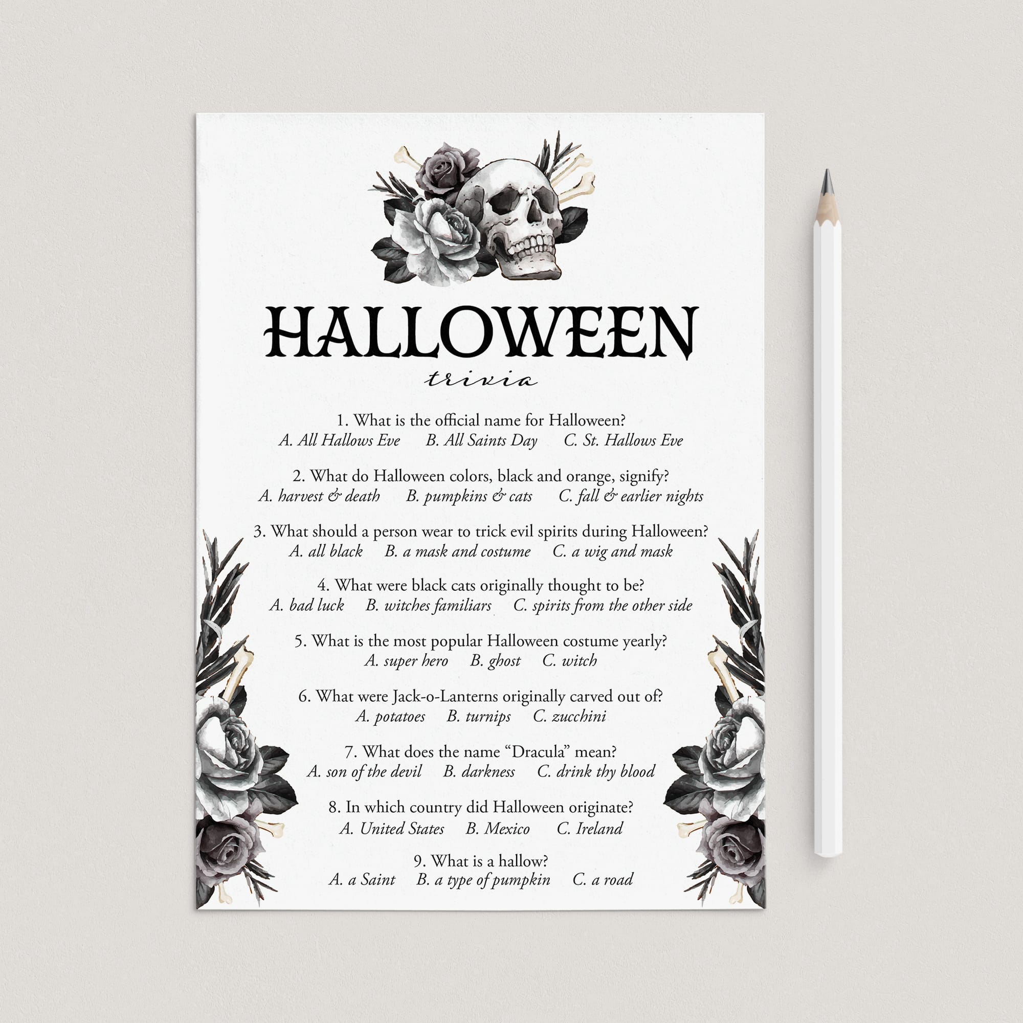 Printable Halloween Trivia Quiz with Answers Floral Skull by LittleSizzle