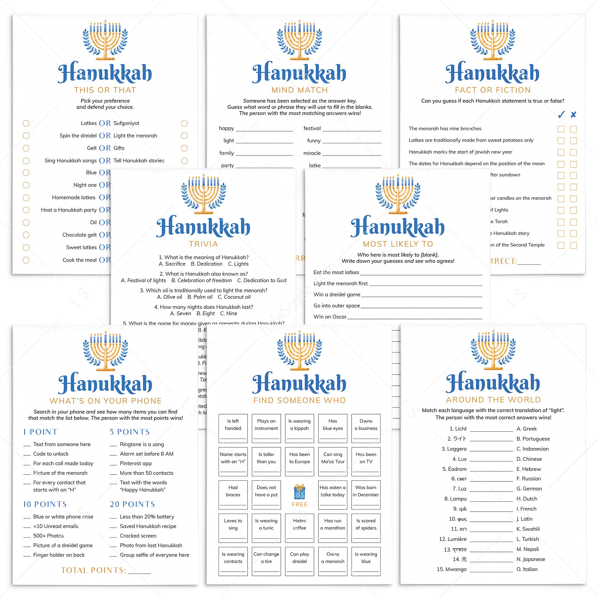 8 Hanukkah Games Printable by LittleSizzle