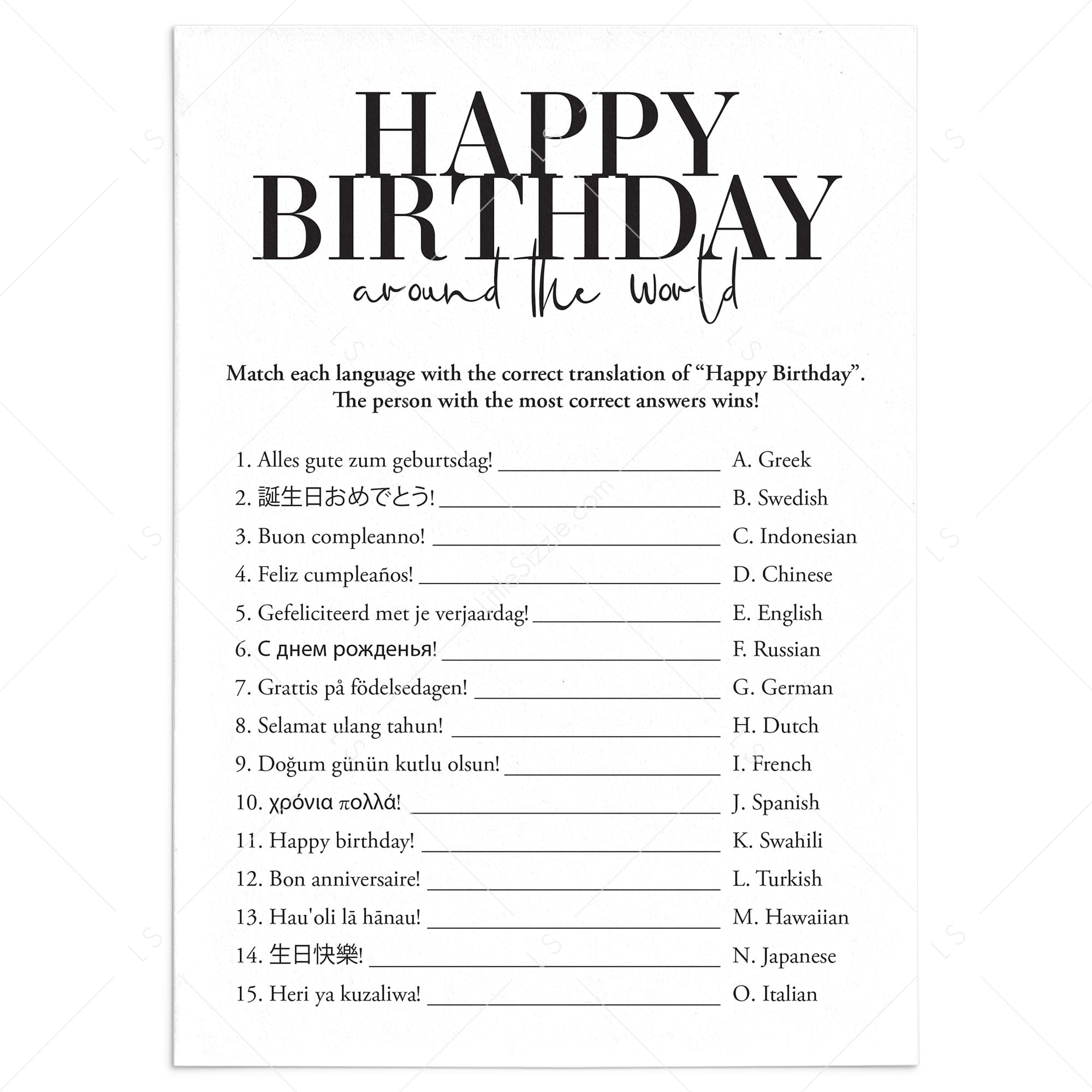 Happy Birthday Around The World with Answers Printable by LittleSizzle