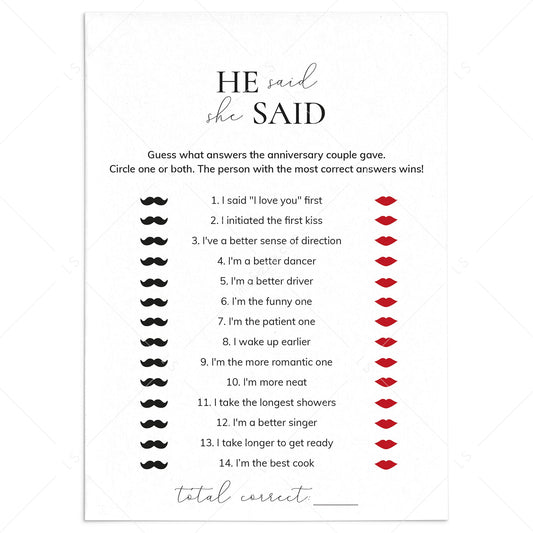 Anniversary Game He Said She Said Printable by LittleSizzle