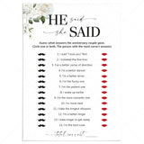 He Said She Said Anniversary Party Game Printable by LittleSizzle