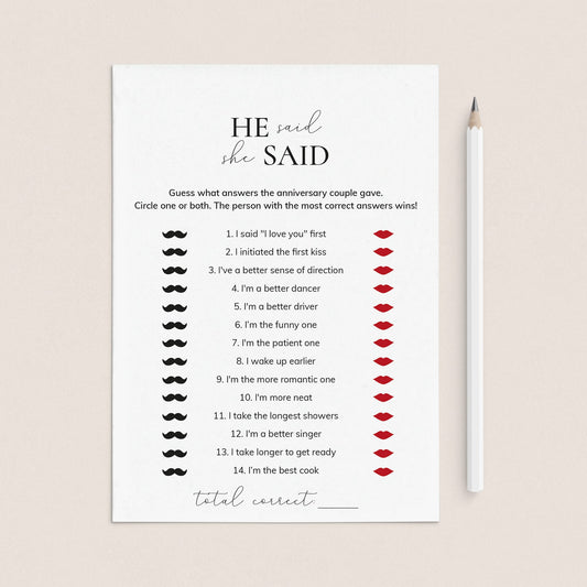 Anniversary Game He Said She Said Printable by LittleSizzle