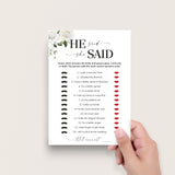 He Said She Said Game Questions for Couples Shower Printable