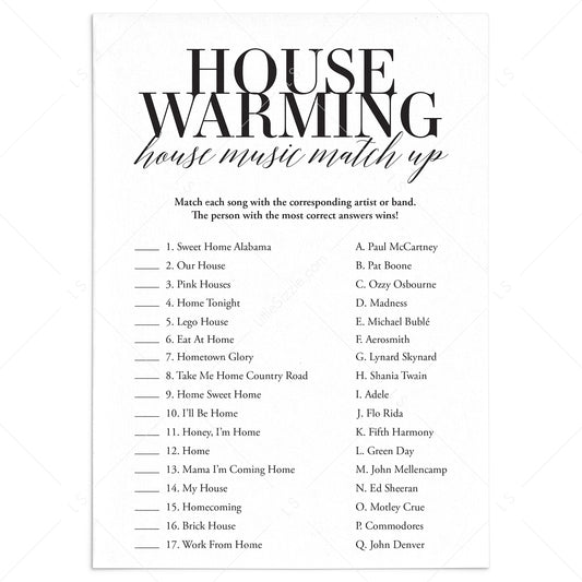 Printable Housewarming Game Music Match With Answers by LittleSizzle