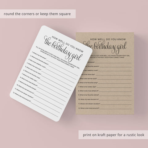 How Well Do You Know The Birthday Girl Printable | Calligraphy ...