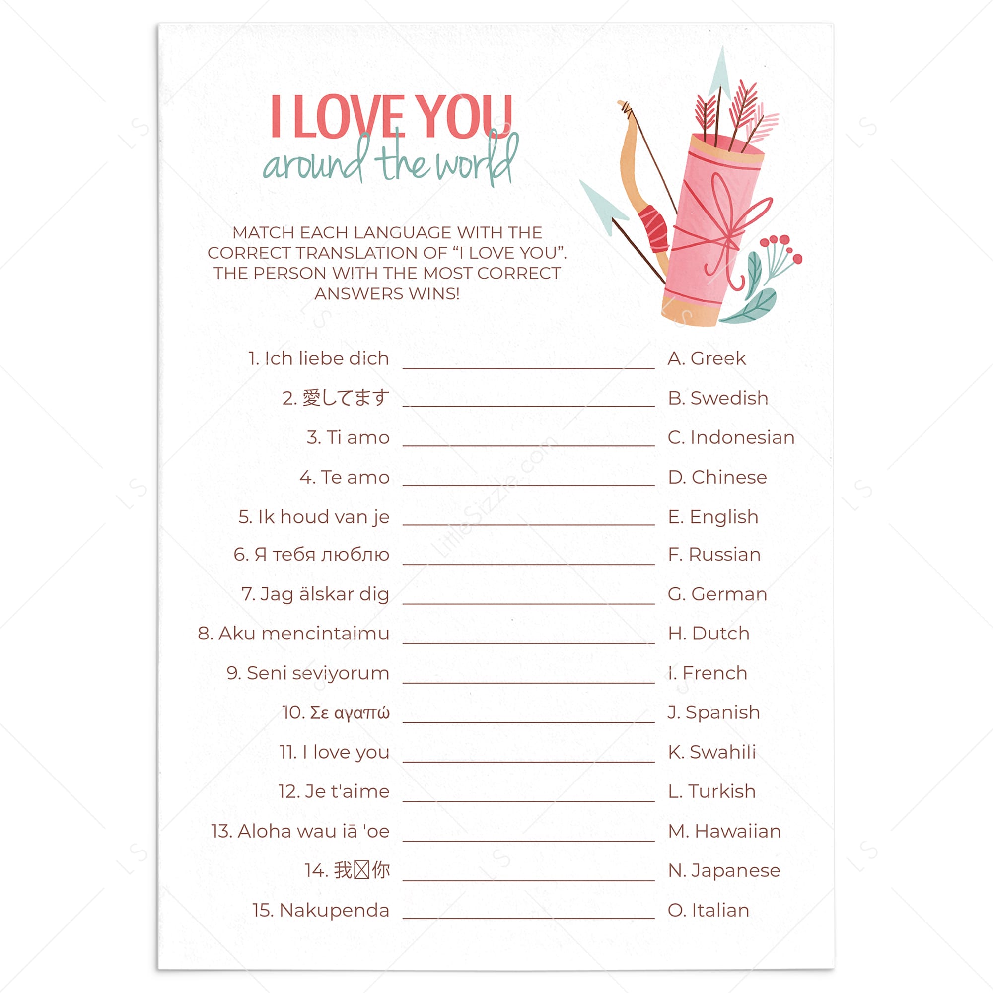 I Love You Around The World With Answer Key Printable by LittleSizzle