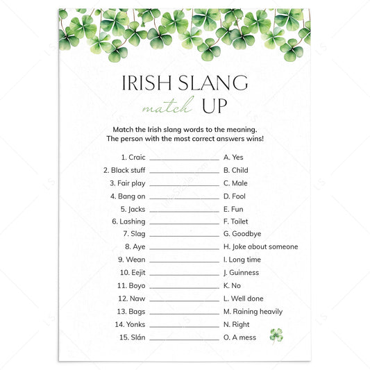 Irish Party Game Slang Match Up Printable by LittleSizzle