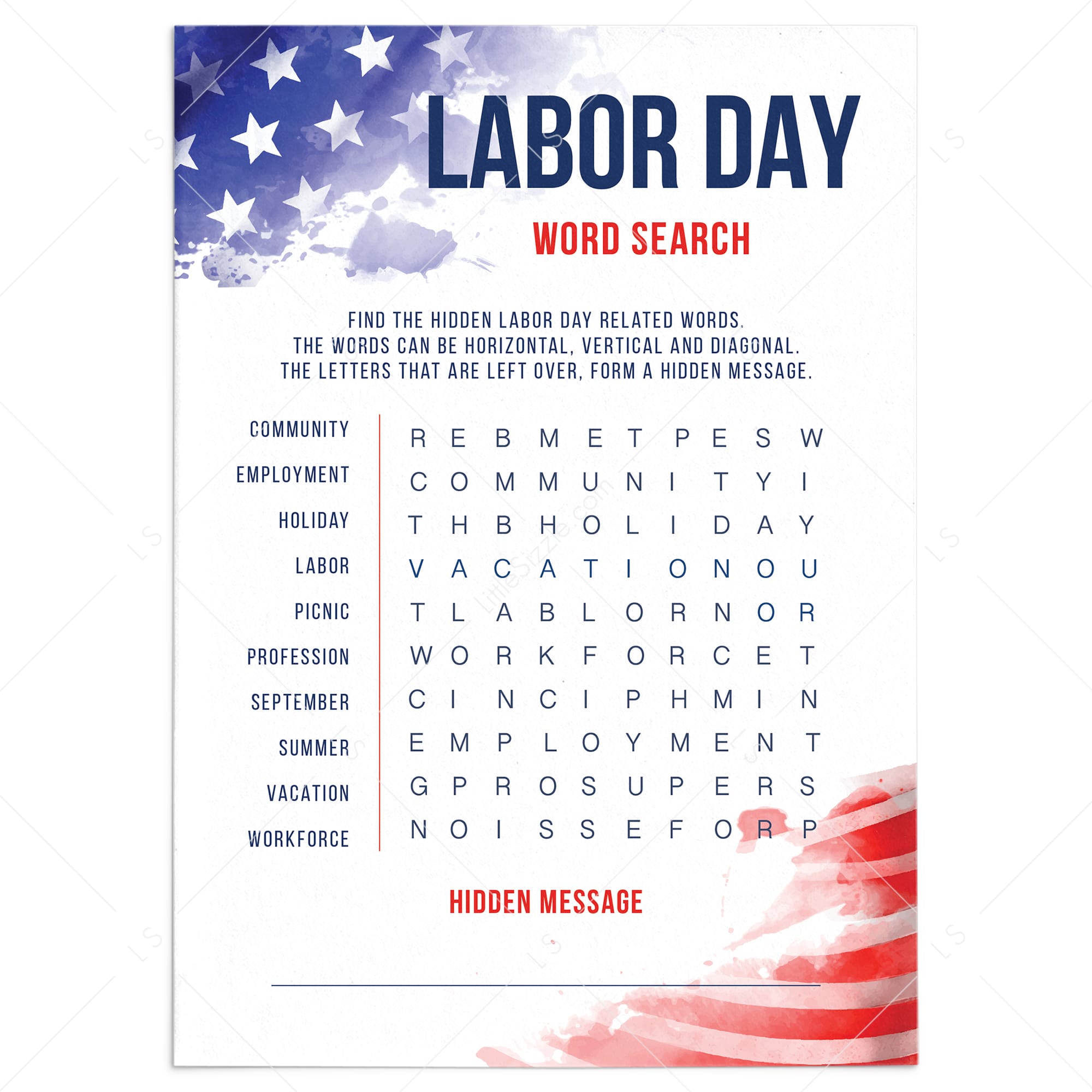 Labor Day Word Search with Hidden Message and Answer Key Printable by LittleSizzle