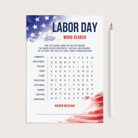 Labor Day Word Search with Hidden Message and Answer Key Printable by LittleSizzle