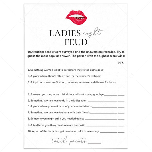 Ladies Night Feud Questions and Answers Printable by LittleSizzle