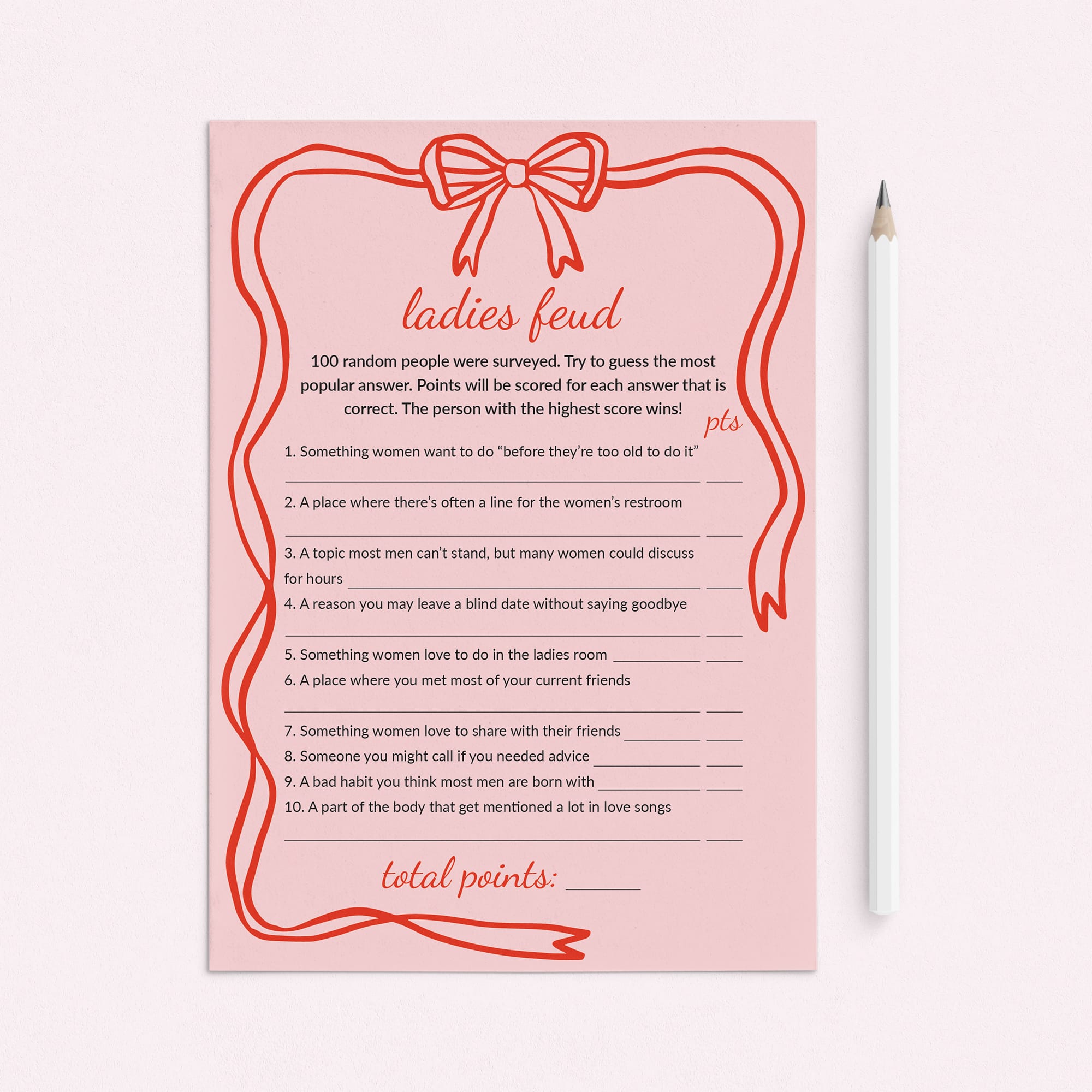 Pink Wavy Border Ladies Feud Game with Answers Printable by LittleSizzle
