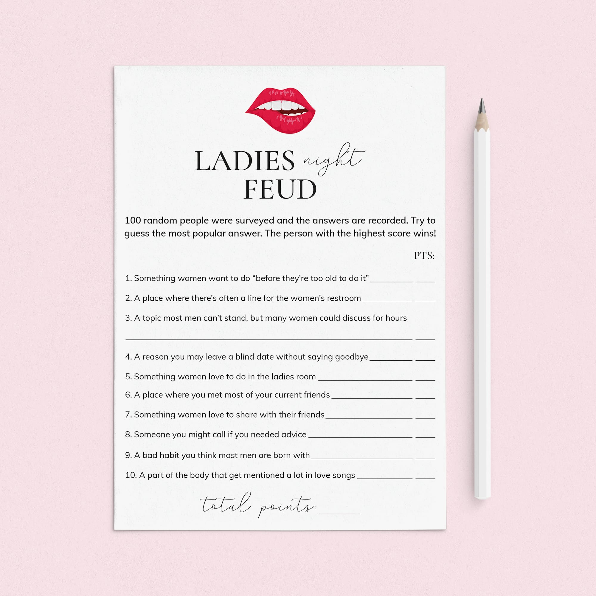 Ladies Night Feud Questions and Answers Printable by LittleSizzle