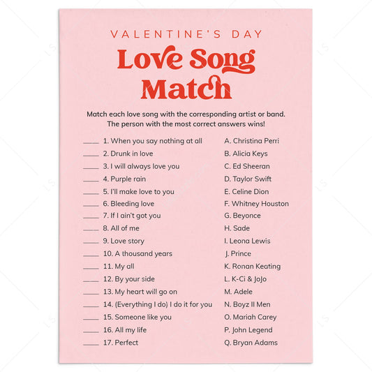 Printable Valentine Love Song Match Game with Answers by LittleSizzle