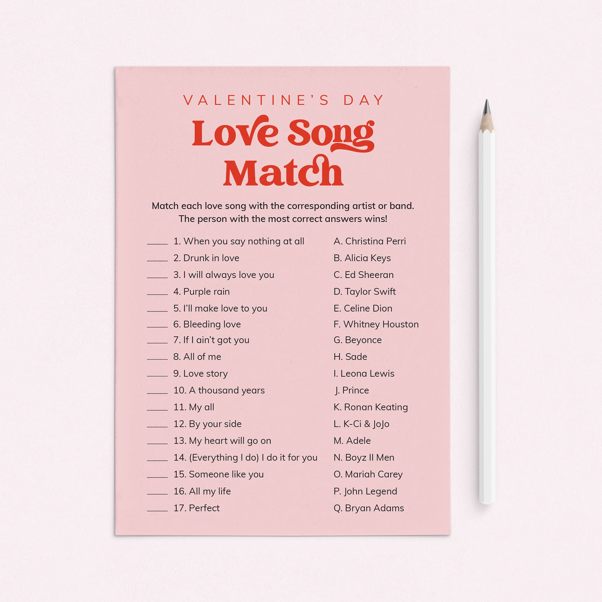 Printable Valentine Love Song Match Game with Answers by LittleSizzle