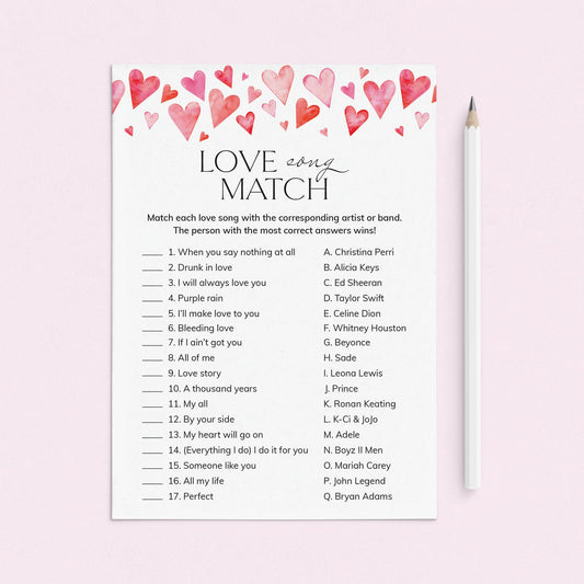 Love Song Match Game Printable with Answers by LittleSizzle
