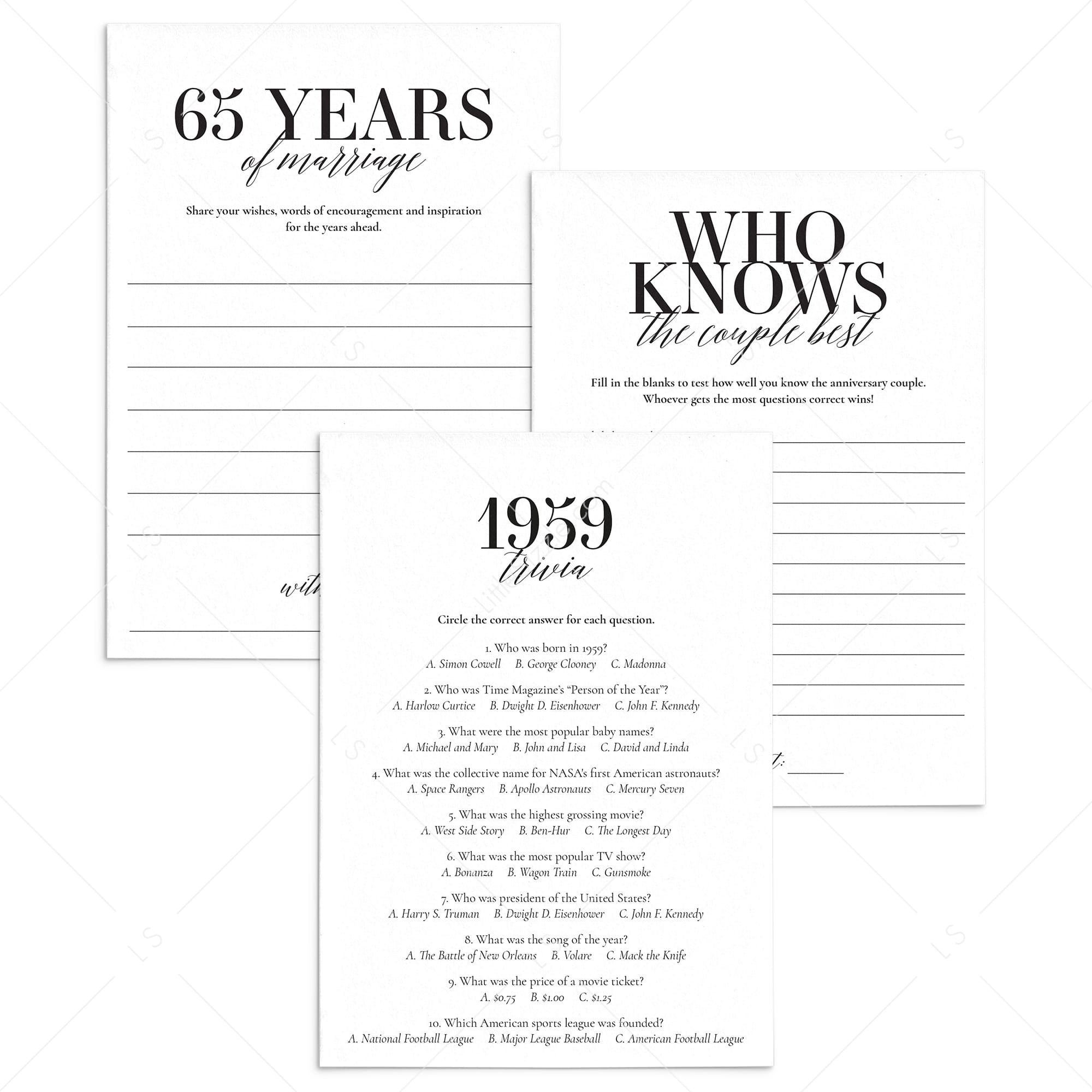 65th Anniversary Party Games Married in 1959 Printable by LittleSizzle