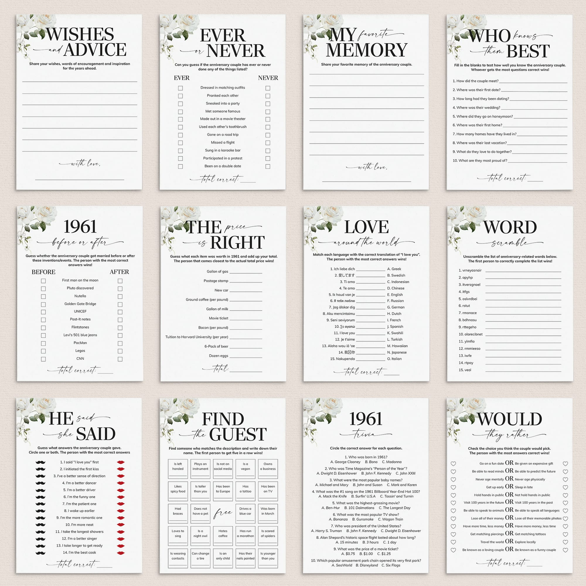 65th Anniversary Games Printable Floral Married in 1961 by LittleSizzle