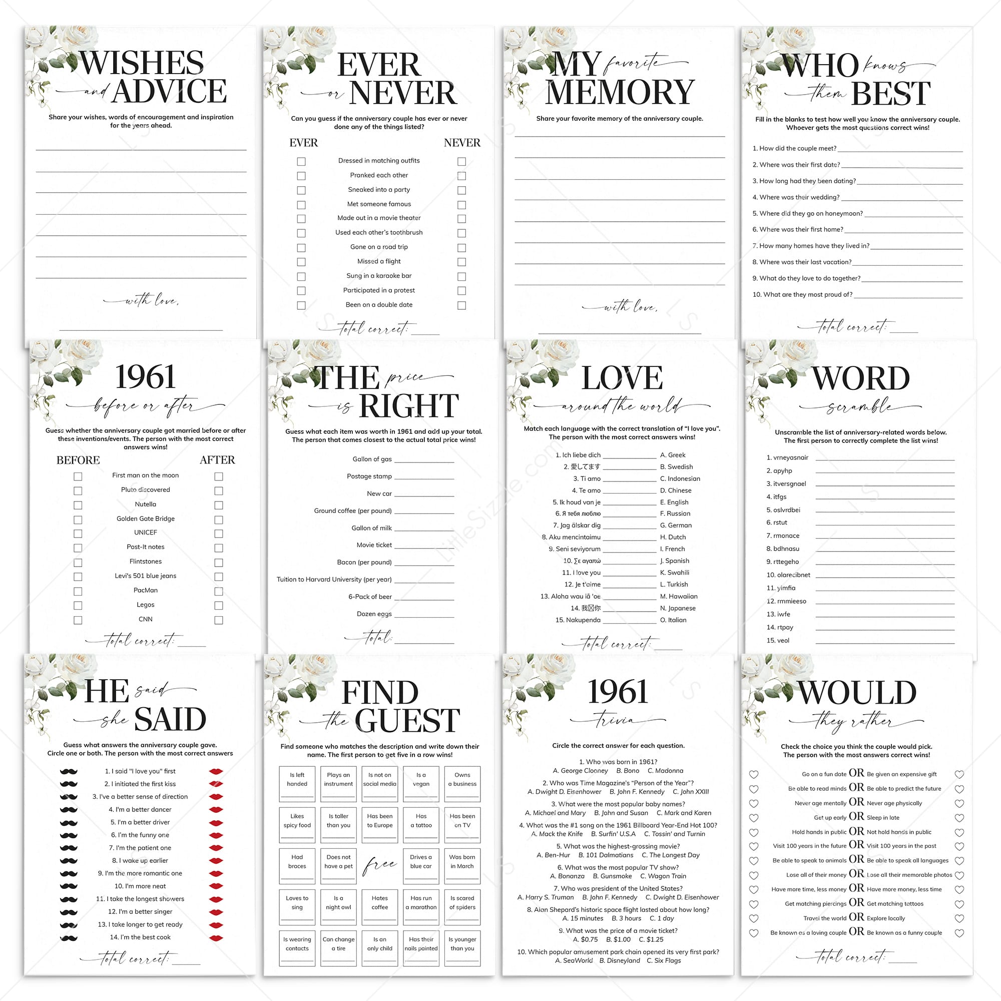 65th Anniversary Games Printable Floral Married in 1961 by LittleSizzle