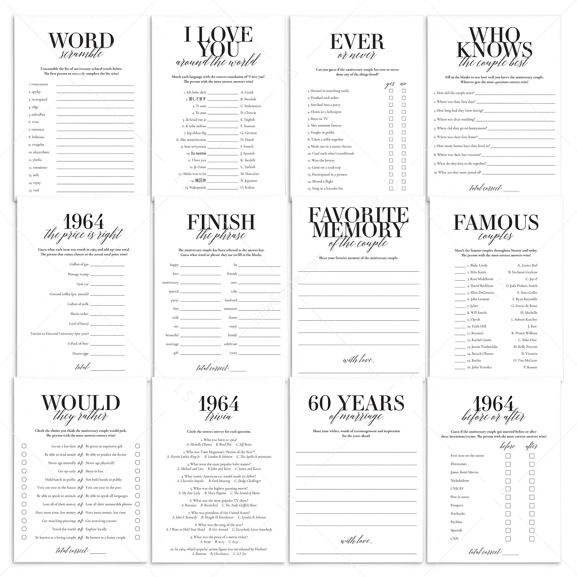 Married in 1964 61st Wedding Anniversary Party Games Bundle by LittleSizzle