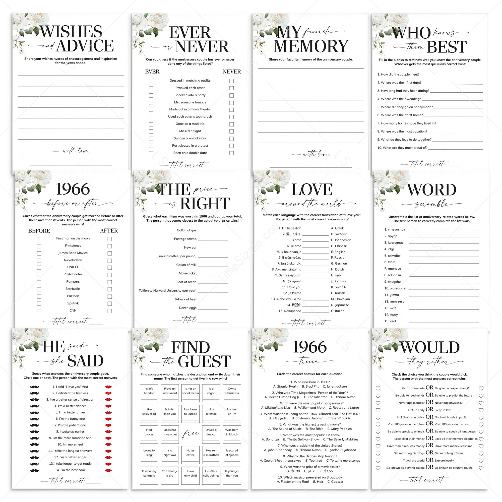 60th Anniversary Games Printable Floral Married in 1966 by LittleSizzle