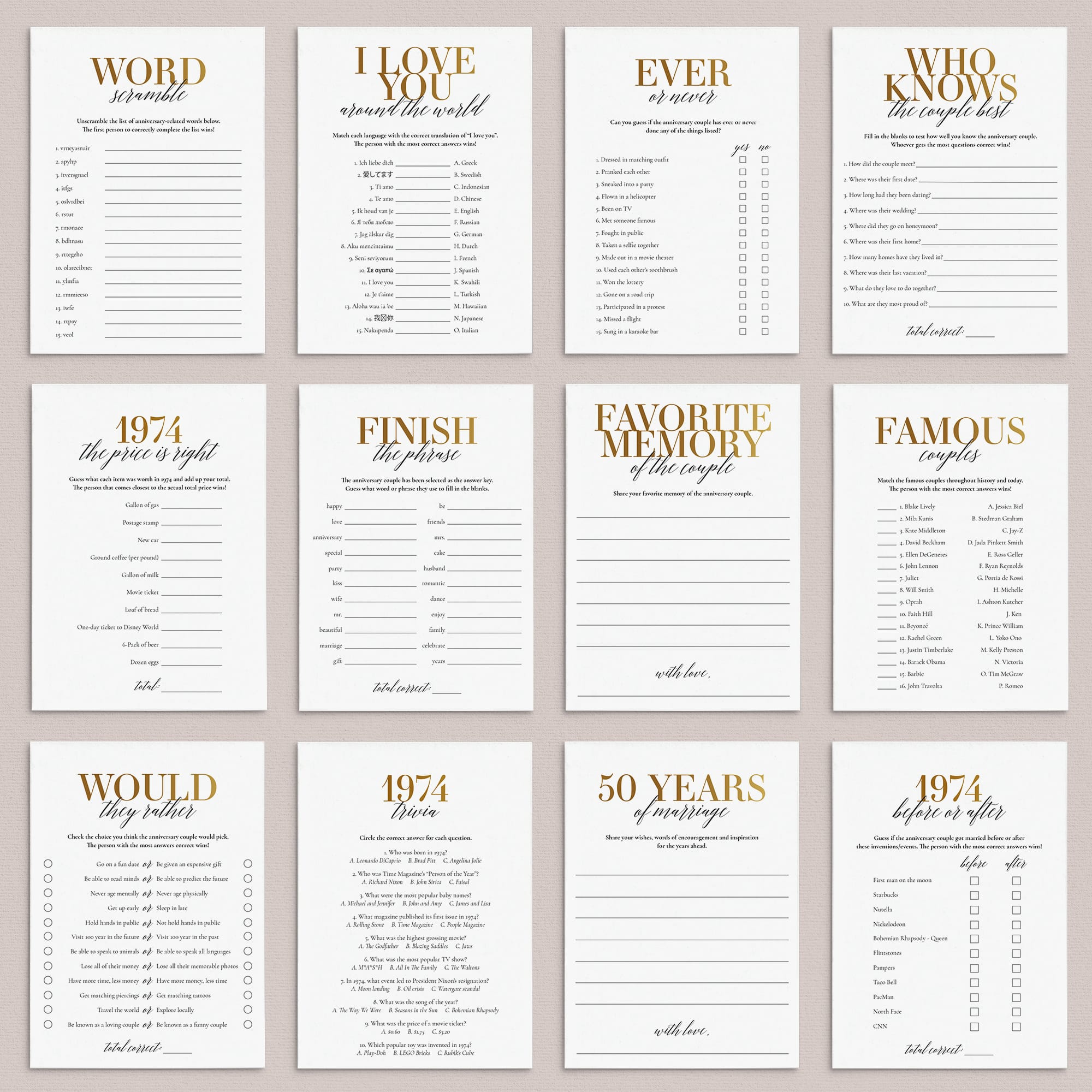 Married In 1974 50th Wedding Anniversary Party Games Bundle Golden by LittleSizzle