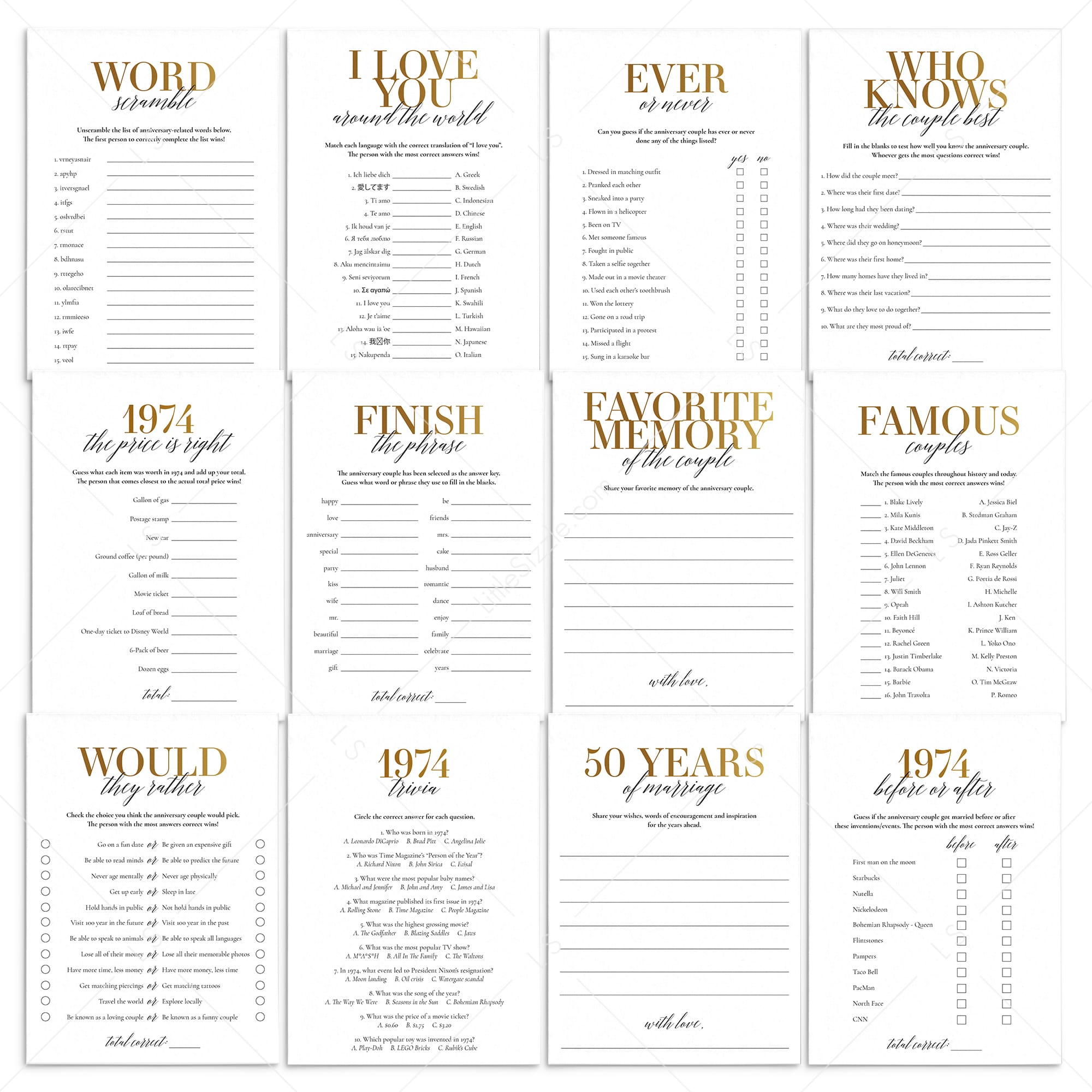 Married In 1974 51st Wedding Anniversary Party Games Bundle Golden by LittleSizzle