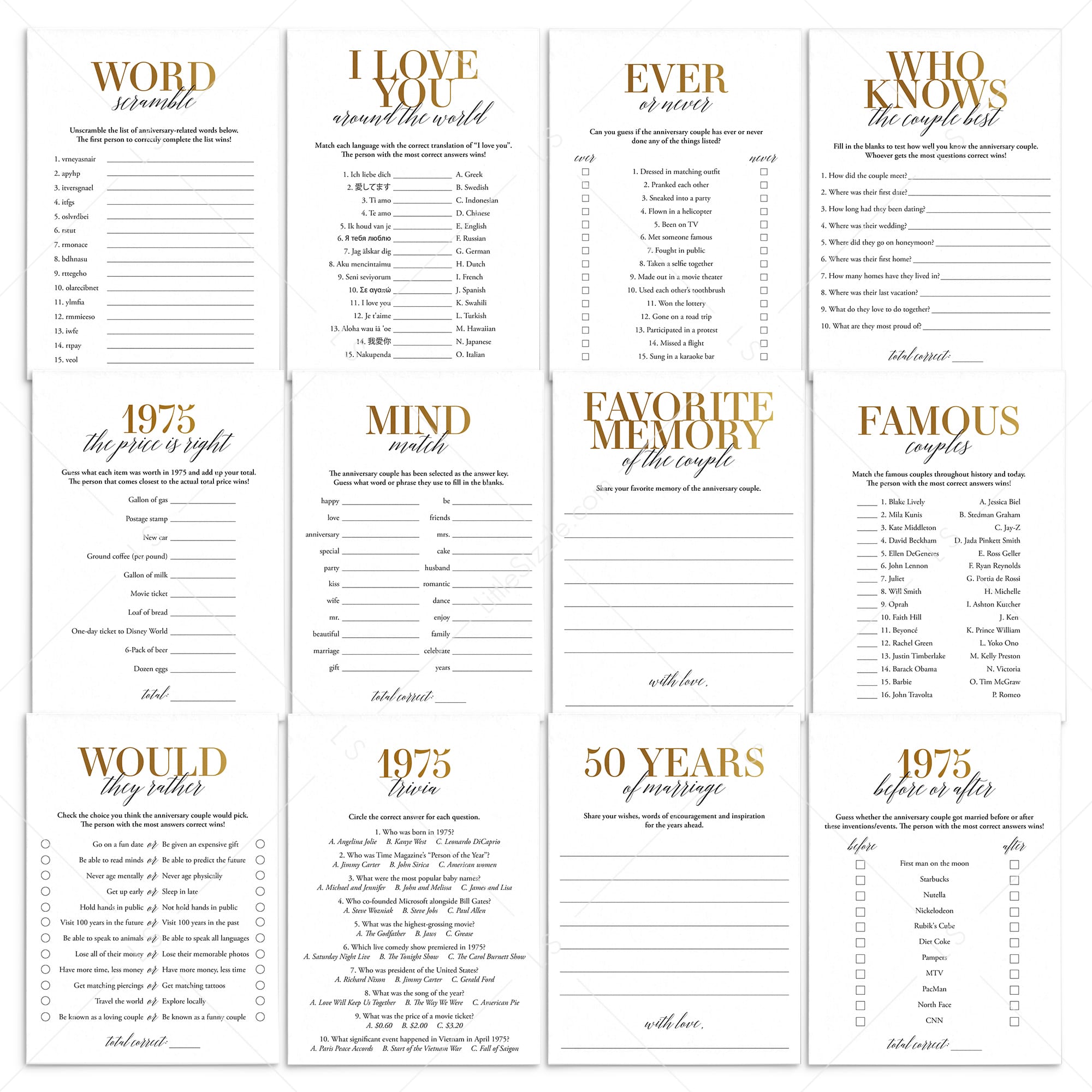 Married In 1975 50th Wedding Anniversary Party Games Bundle Golden by LittleSizzle