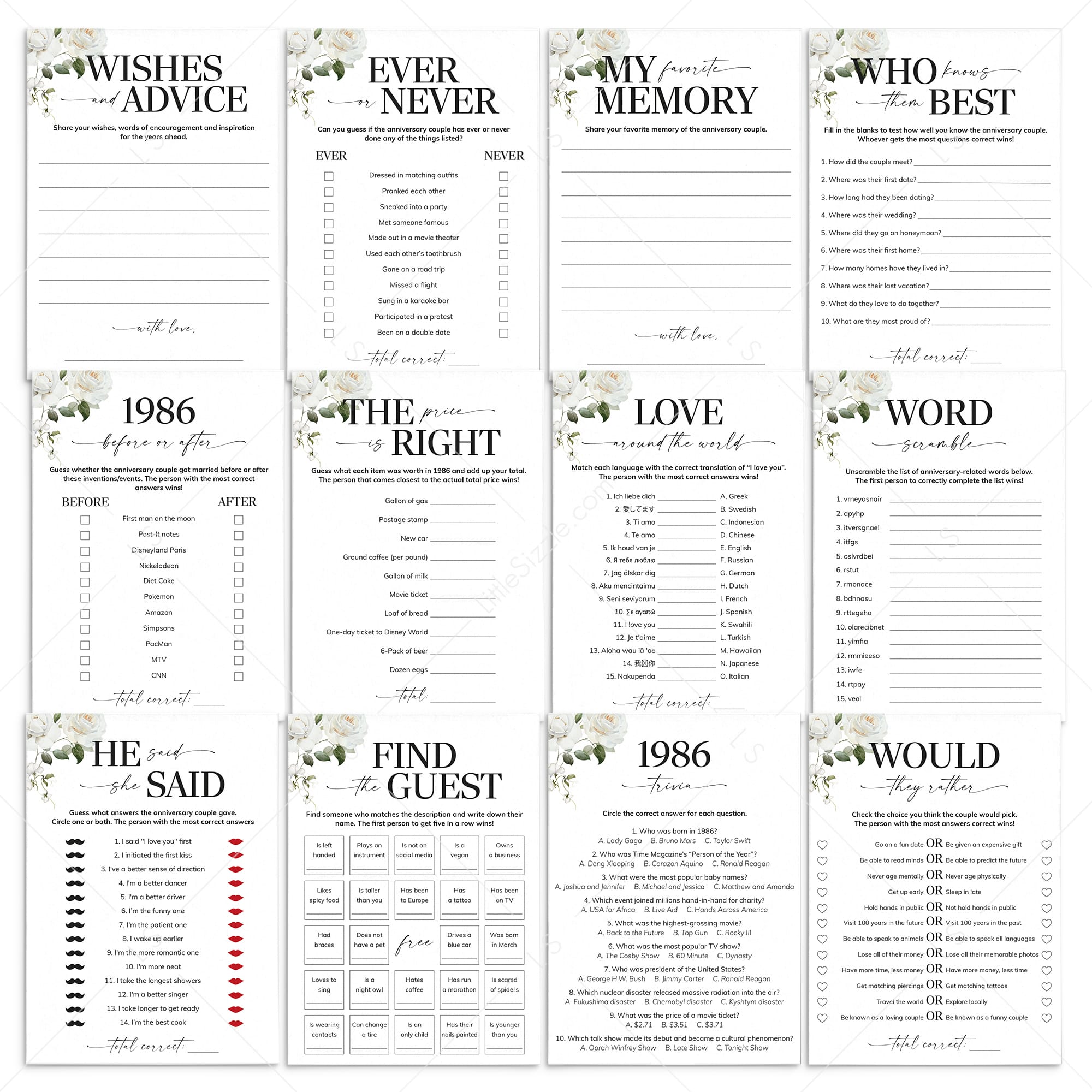 40th Anniversary Games Printable Floral Married in 1986 by LittleSizzle