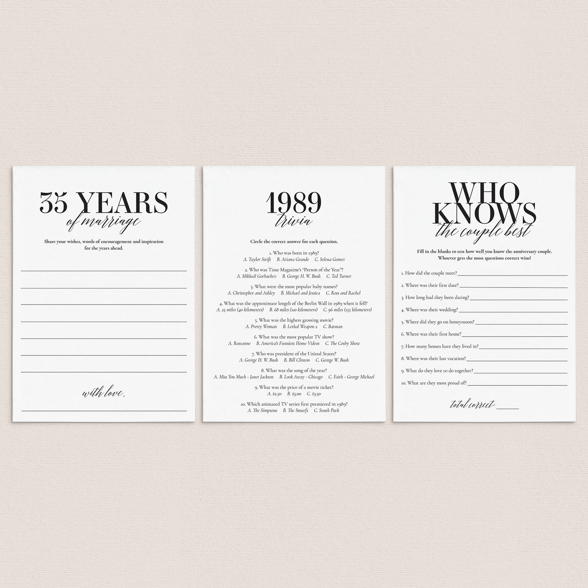 36th Anniversary Party Games Married in 1989 Printable by LittleSizzle